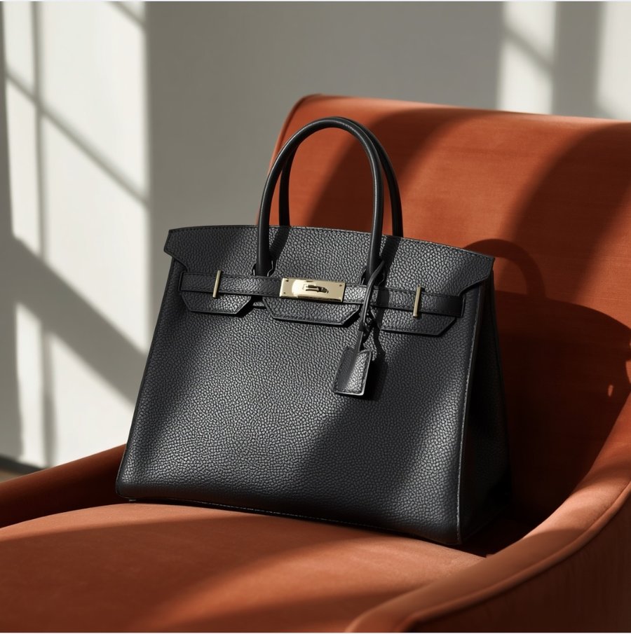 A warm photograph of a designer handbag in soft light