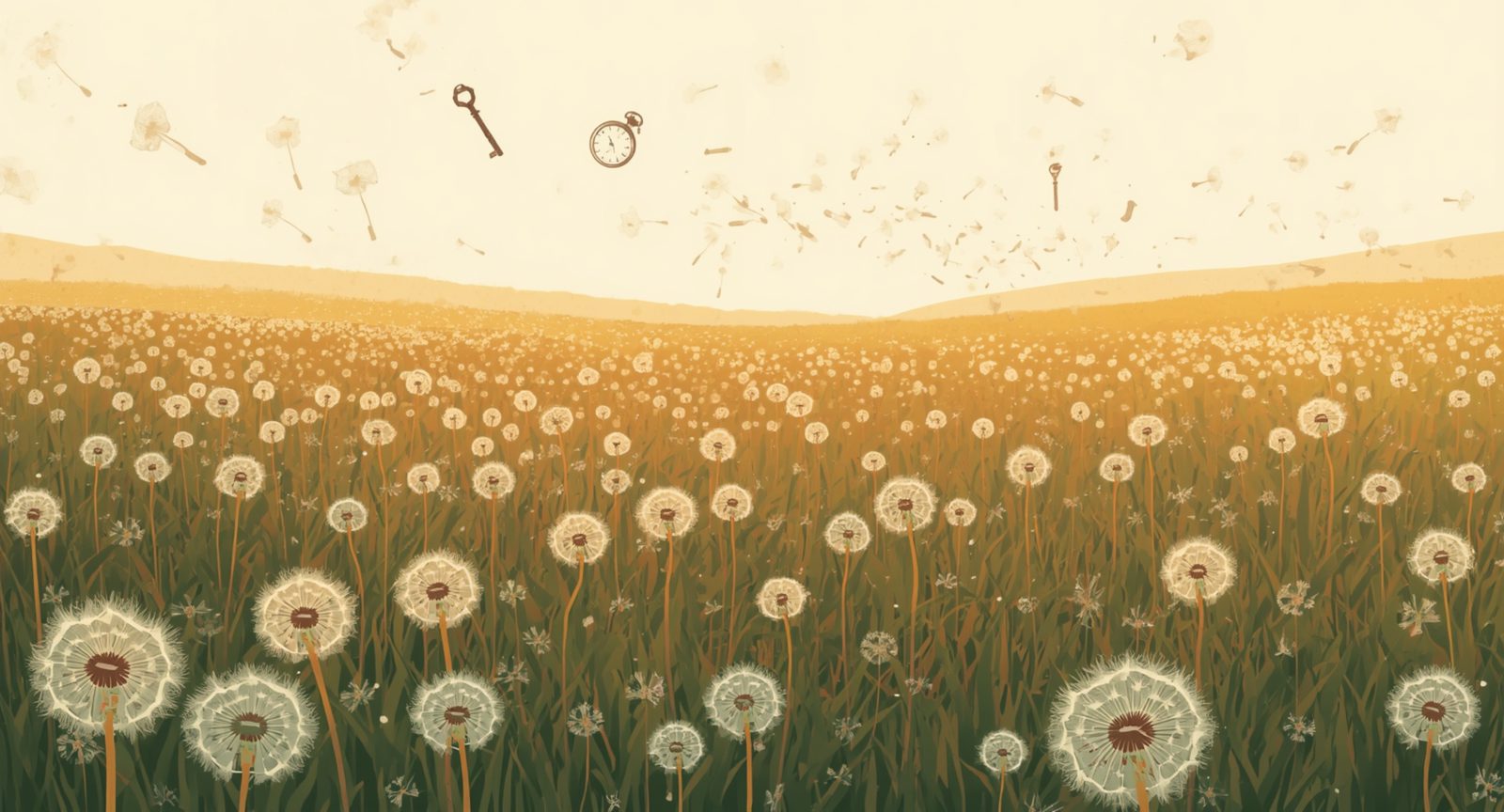 A field of dandelions at golden hour, their seeds lifting on the wind and carrying small heirlooms